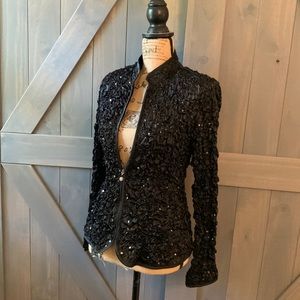 MSK Black Sequined Full zip Pucker Ruffle Jacket Top